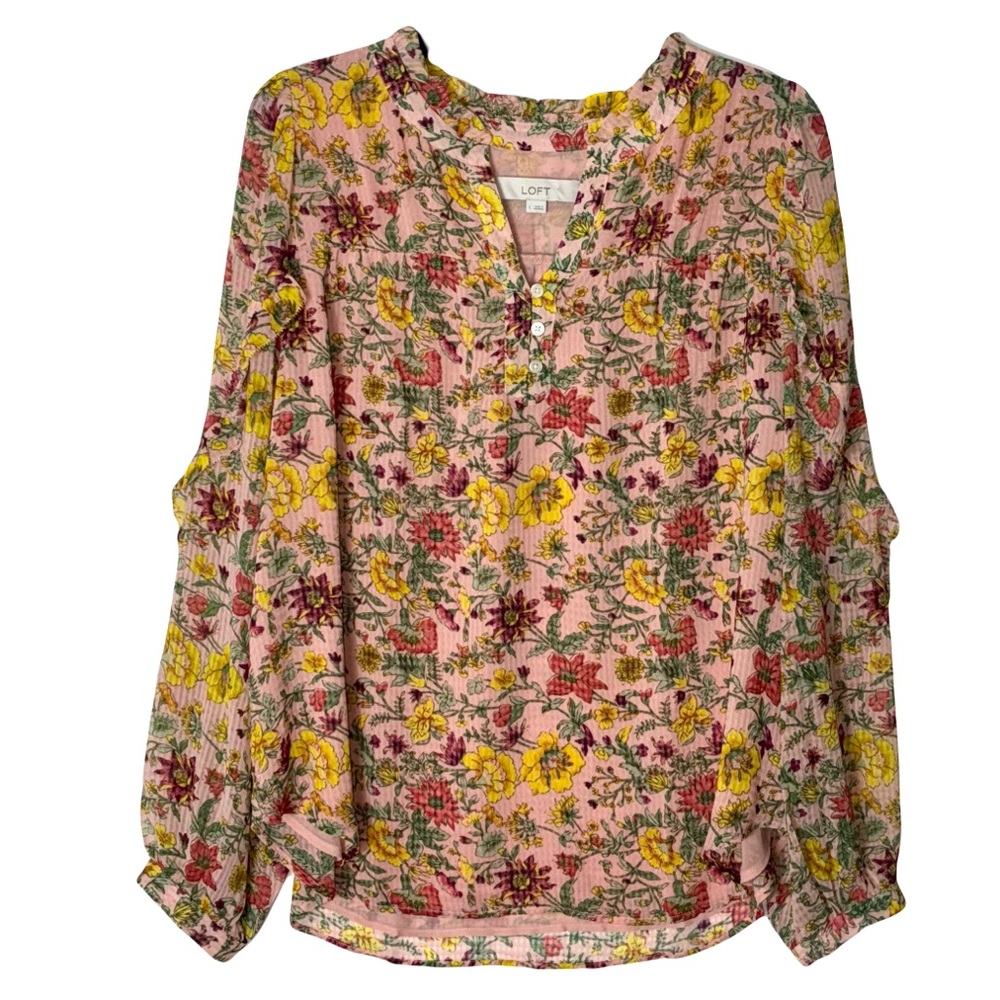 Nwot LOFT Blouse Large Pink Floral Ruffle
